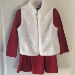 Little girls red long sleeved dress with winter white vest